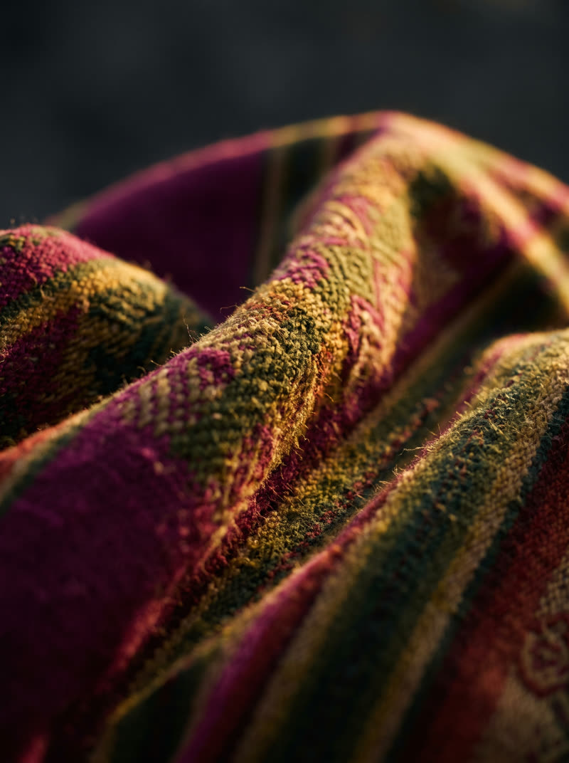 Tejido de aguayo boliviano en magenta, verde y dorado, plegado bajo luz cálida