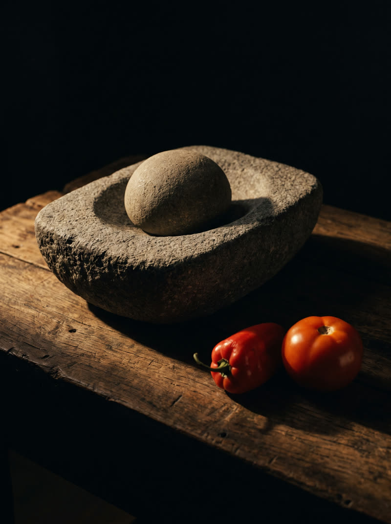Batán de piedra con moroko, un locoto rojo y un tomate sobre madera oscura